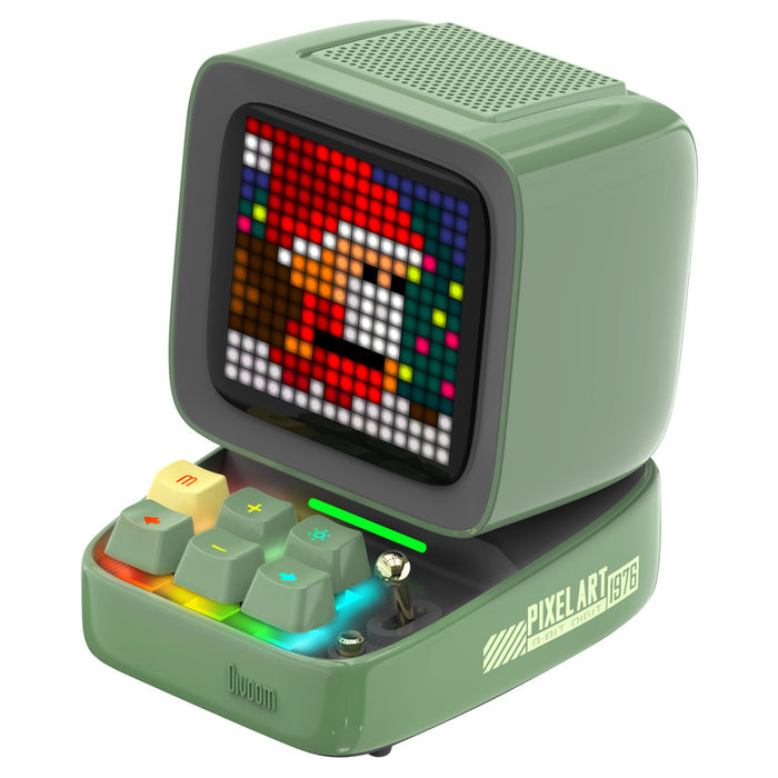 Divoom Ditoo-Pro Retro Pixel Art Bluetooth Speaker, a mint green retro monitor design with pixel Santa art, RGB keyboard and joystick, Bluetooth audio, desktop holiday decor