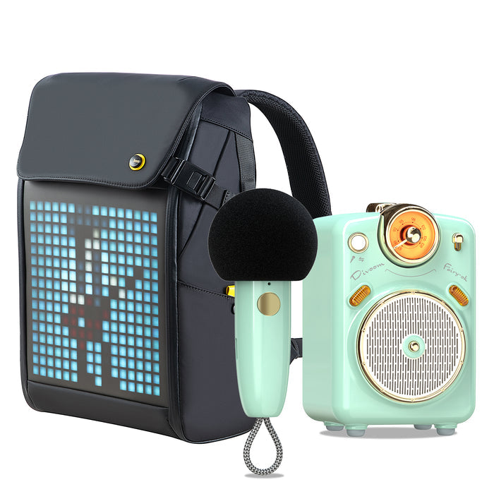 Divoom Fairy-OK Microphone Speaker & Pixoo M Backpack, a mint retro speaker mic set beside a black LED backpack with blue pixel figure display, audio playback, stylish travel decor