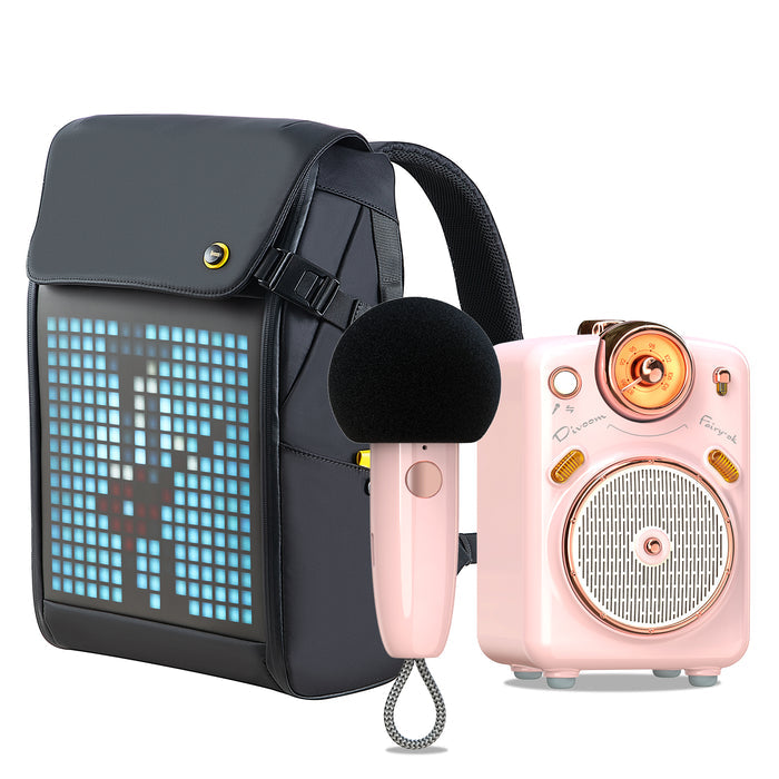 Divoom Fairy-OK Microphone Speaker & Pixoo M Backpack, a pink retro speaker with matching mic beside a black backpack with blue pixel display, audio-ready gaming room decor