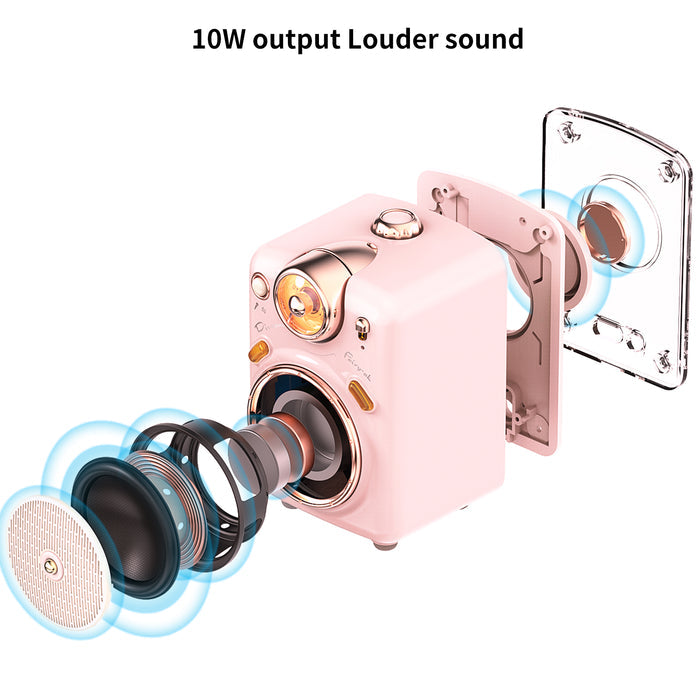 Divoom Fairy-OK Retro Mini Karaoke Speaker, a pink retro speaker with exploded driver components and 10W louder sound graphic, audio playback for home party decor