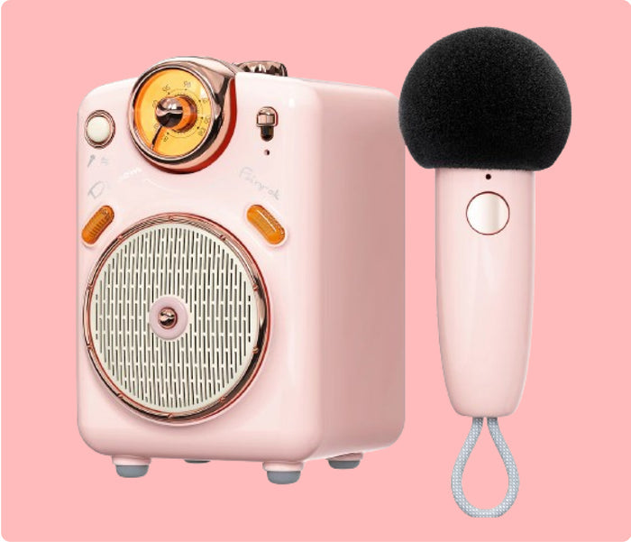 Divoom Fairy-OK Retro Mini Karaoke Speaker, a pink retro speaker with gold radio dial and matching handheld mic, portable karaoke audio for bedroom party decor