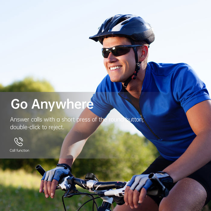 Divoom Itour-S Portable Bluetooth Speaker, cyclist in a blue jersey riding outdoors with call function text overlay, Bluetooth audio on-the-go, biking commute decor
