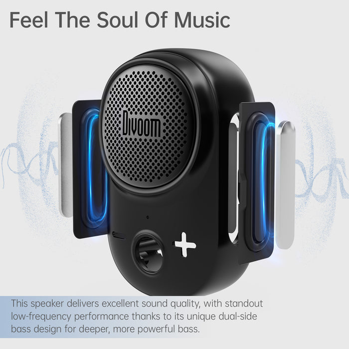 Divoom Itour-S Portable Bluetooth Speaker, black compact speaker with front grille, side bass radiators and blue soundwave graphics, Bluetooth audio for desktop music decor