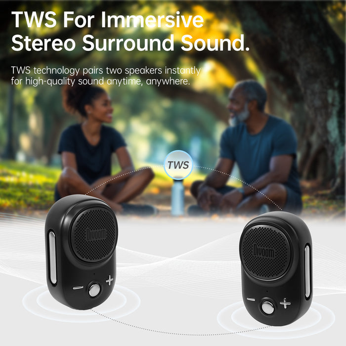 Divoom Itour-S Portable Bluetooth Speaker, two black mini speakers with TWS pairing graphic and outdoor park backdrop, immersive stereo sound, picnic decor