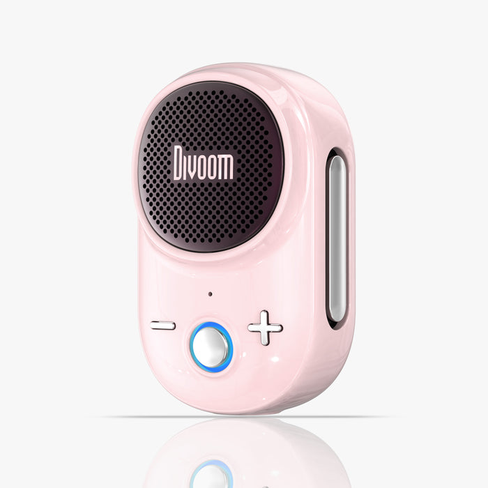 Divoom Itour-S Portable Bluetooth Speaker, glossy pastel pink body with black front grille, side strap slot and silver control buttons, portable audio for desk decor