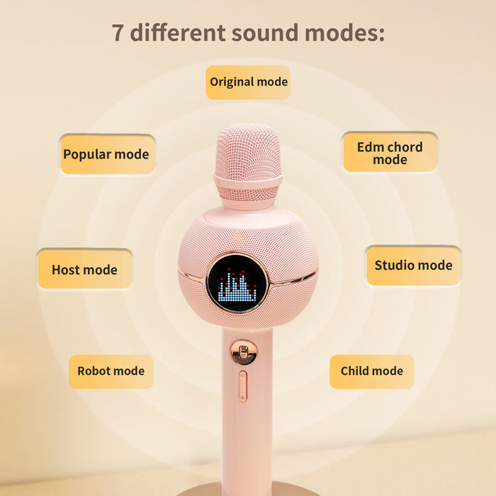 K-StarSpark, pink karaoke microphone with pixel equalizer display and labeled sound modes on a soft cream background, audio-enhanced bedroom singing decor
