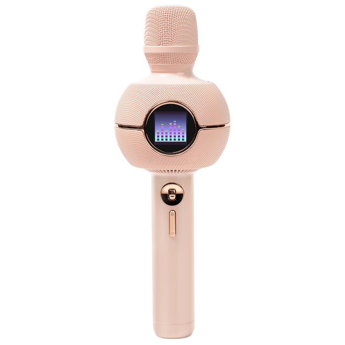K-StarSpark, rose gold karaoke microphone with a round built-in speaker and pixel equalizer display on a plain white background, audio-ready home party decor