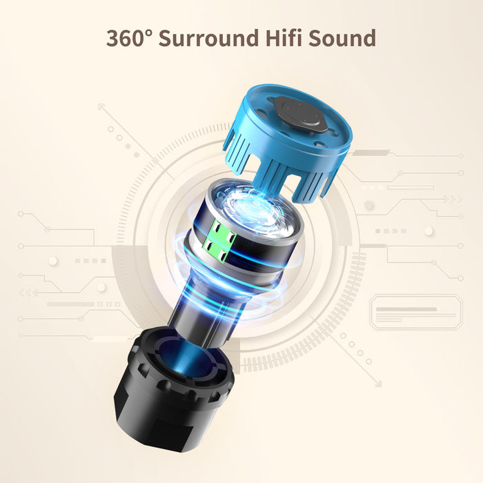 K-StarSpark, exploded internal speaker diagram with blue acoustic rings and 360Â° Surround Hifi Sound text, immersive audio, desktop entertainment decor