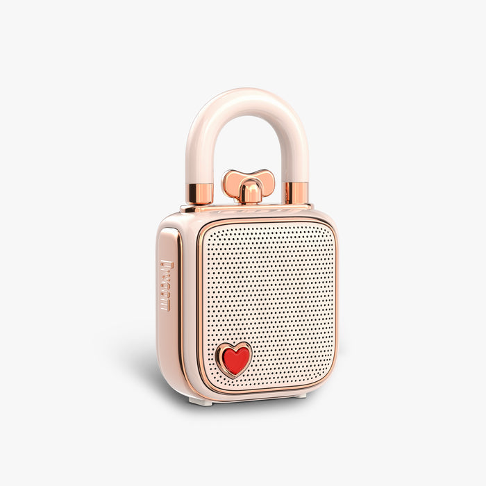 Divoom Lovelock Bluetooth Speaker, rose gold padlock-shaped speaker with a glossy shackle handle and red heart accent on a plain white background, portable audio decor