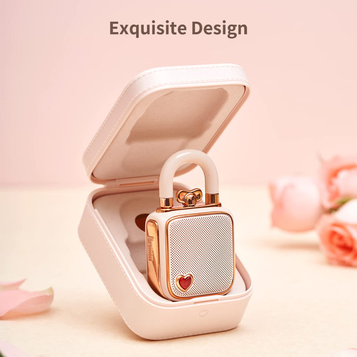 Divoom Lovelock Bluetooth Speaker, rose gold lock-shaped speaker in an open blush gift box with a heart detail, Bluetooth audio, romantic vanity or bedroom decor