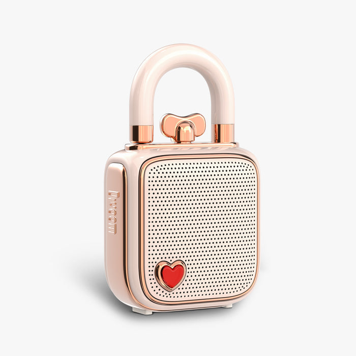 Divoom Lovelock Bluetooth Speaker, glossy blush pink lock-shaped speaker with rose gold trim and a red heart detail, Bluetooth audio, bedside decor