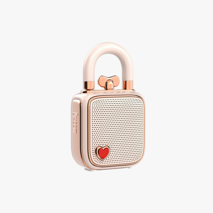 Divoom Lovelock Bluetooth Speaker, rose gold padlock-shaped speaker with a perforated front grille and red heart detail on a plain background, Bluetooth audio for bedside decor