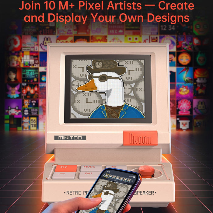 Divoom MiniToo Retro Pixel Bluetooth Speaker, retro mini computer design with a duck portrait on its pixel display and matching phone art app, audio speaker for creative desk decor