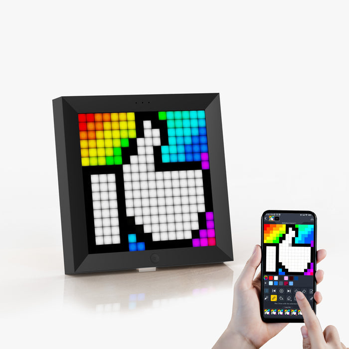 Divoom Pixoo 16x16 pixel art LED display, a white thumbs up with rainbow corners and phone editing app, smartphone app controlled, gaming desk decor
