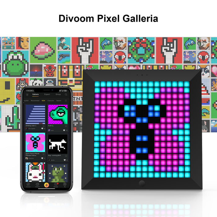 Divoom Pixoo 16x16 pixel art LED display, a pink butterfly icon with blue accents beside a smartphone app and pixel art wall, smartphone app controlled, gaming room decor