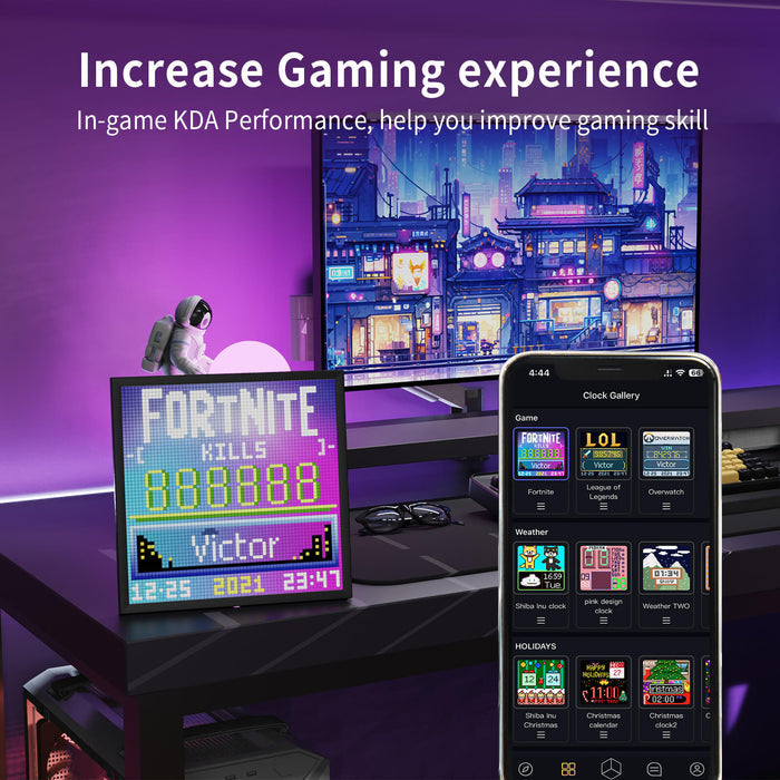 Divoom Pixoo64Ⅱ 64x64 Pixel Art LED Display Social Media Counter, a Fortnite kills counter beside a gaming monitor and app screen, smartphone app controlled, gaming desk decor