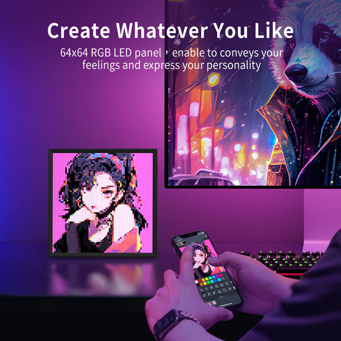 Divoom Pixoo64Ⅱ 64x64 Pixel Art LED Display Social Media Counter, an anime girl pixel portrait being edited on a phone, smartphone app controlled, gaming desk decor