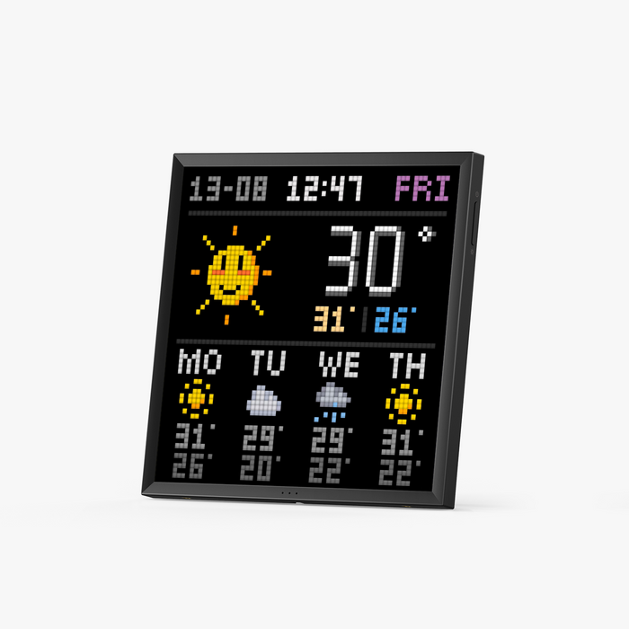 Divoom Pixoo64Ⅱ 64x64 Pixel Art LED Display Social Media Counter, a pixel weather dashboard with sun icon, 30-degree reading and weekly forecast, smartphone app controlled, desk decor