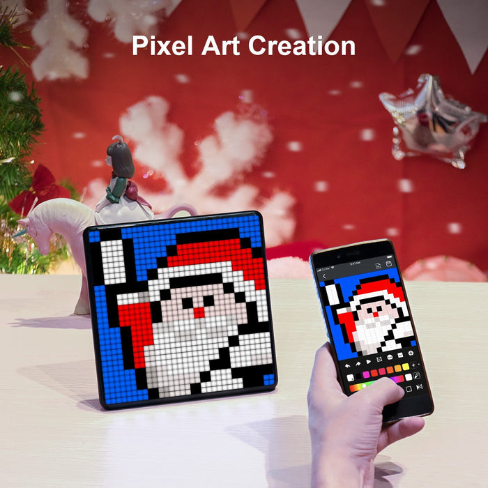 Divoom Pixoo-Max 32 X 32 Pixel Art LED Display, a Santa pixel art design synced with editing on a phone app, smartphone app controlled, festive holiday desk decor