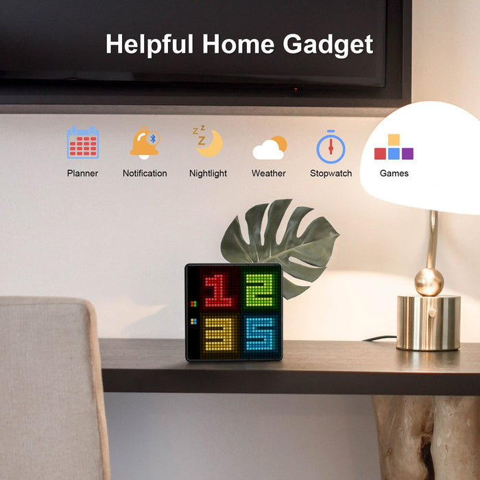 Divoom Pixoo-Max 32 X 32 Pixel Art LED Display, a colorful numbered game screen on a desk with app feature icons above, smartphone app controlled, living room shelf decor