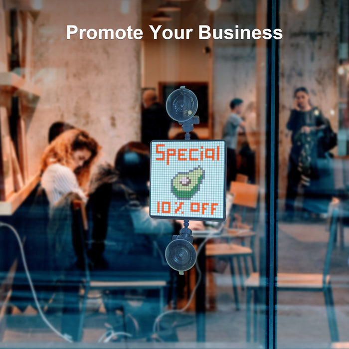 Divoom Pixoo-Max 32 X 32 Pixel Art LED Display, a window-mounted Special 10% Off avocado graphic sign, smartphone app controlled, storefront promotion decor
