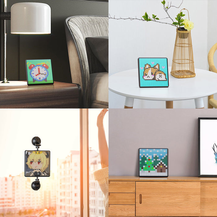 Divoom Pixoo-Max 32 X 32 Pixel Art LED Display, clock, corgi, anime portrait and winter tree pixel art in home setups, smartphone app controlled, living room decor
