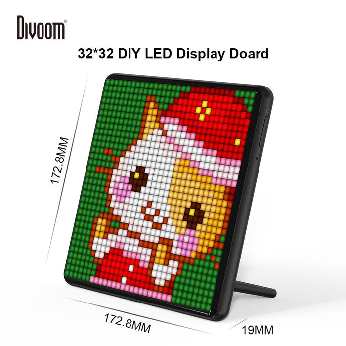 Divoom Pixoo-Max 32 X 32 Pixel Art LED Display, a black square display with cute pixel cat art on a plain white background, smartphone app controlled, desk decor