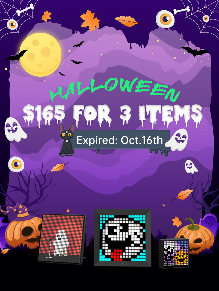 Divoom Pixoo & Pixoo-Max & Timebox-Evo, Halloween promo graphic with pixel ghost and jack-o'-lantern displays on a purple spooky backdrop, smartphone app controlled, party decor