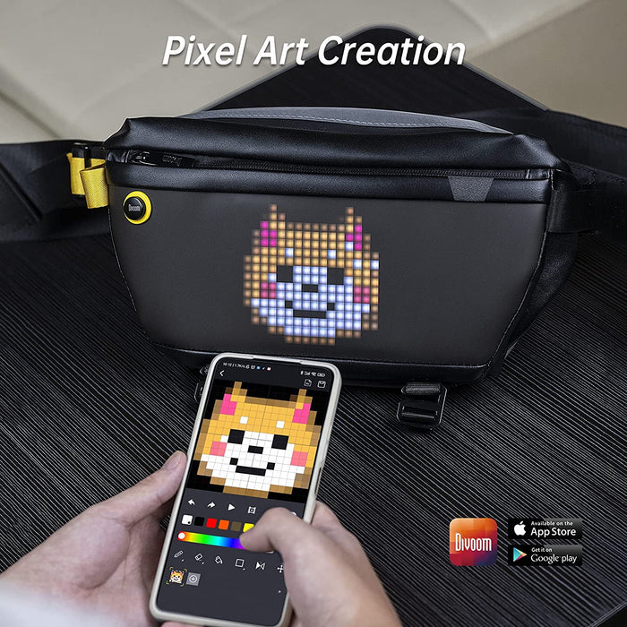 Divoom Sling Bag Pixel Art LED Daypack, a black sling bag with a cute pixel Shiba dog face synced on the LED panel and phone screen, smartphone app controlled, creative commute decor