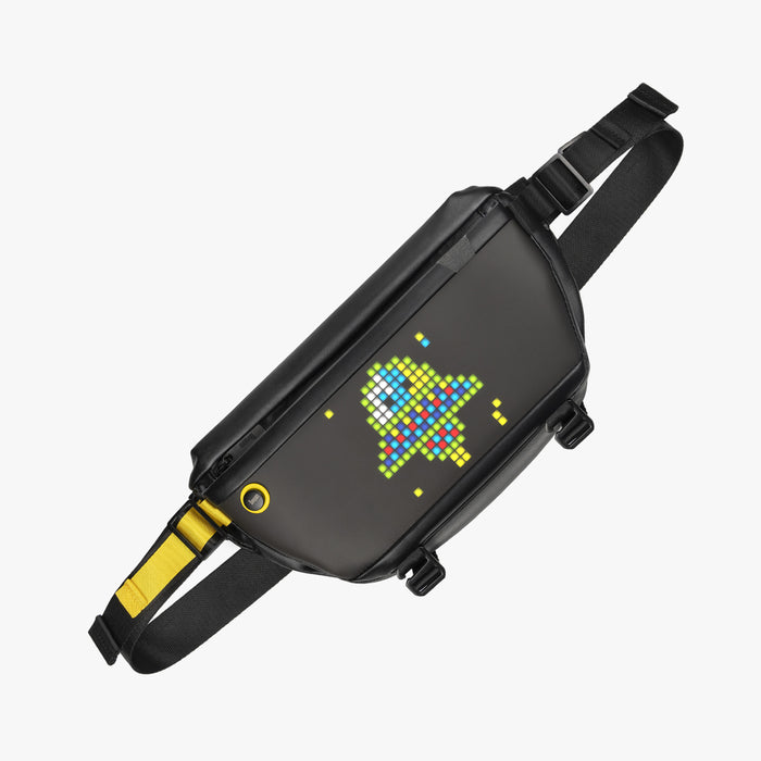 Divoom Sling Bag Pixel Art LED Daypack, a black crossbody bag with a colorful pixel butterfly display and yellow strap accents, smartphone app controlled, streetwear decor