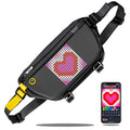Divoom Sling Bag Pixel Art LED Daypack, a black sling bag with a pink and red pixel heart display and app screen on white background, smartphone app controlled, everyday streetwear decor