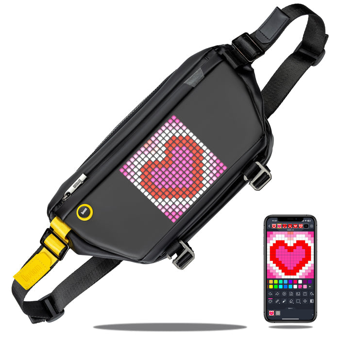 Divoom Sling Bag Pixel Art LED Daypack, a black sling bag with a pink and red pixel heart display and app screen on white background, smartphone app controlled, everyday streetwear decor