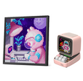 Pixoo 64 & Ditoo Pro, a pink pixel character scene on the large display and a matching retro figure on the mini pink speaker, smartphone app controlled, gaming desk decor