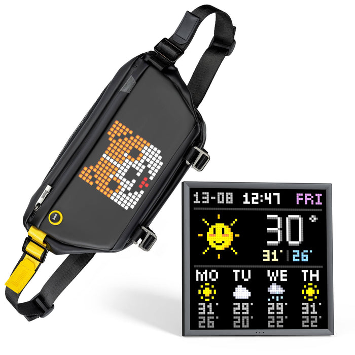 Divoom Pixoo64 & Sling Bag, black sling bag with an orange and white pixel corgi display beside a pixel weather dashboard, smartphone app controlled, everyday tech decor