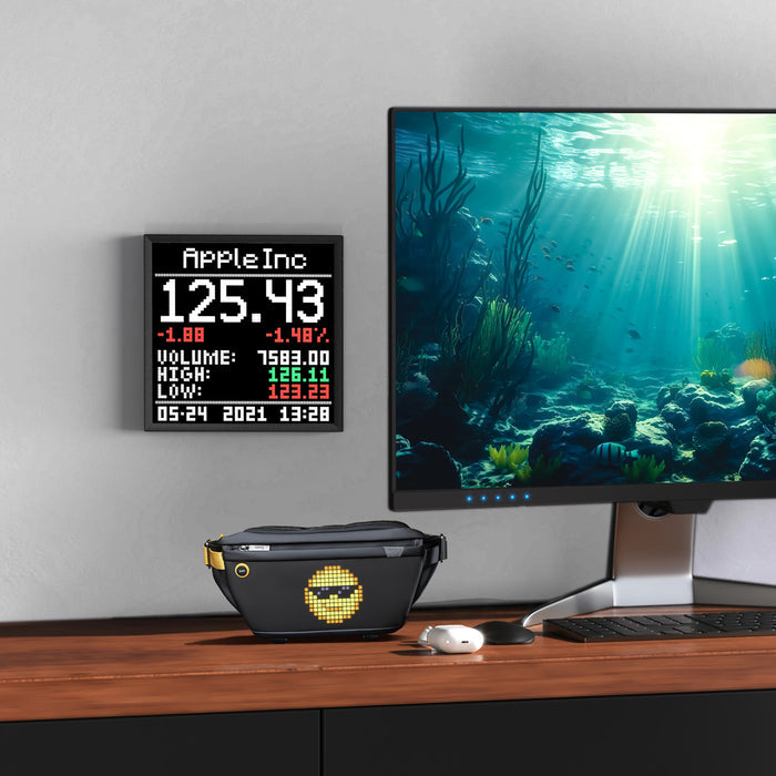 Divoom Pixoo64 & Sling Bag, wall-mounted pixel display with Apple stock data and a black sling bag with a sunglasses emoji, smartphone app controlled, home office desk decor