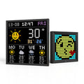 Divoom Pixoo64 & Pixoo, two black pixel art displays on a white background, one with weather and clock widgets and one with a yellow smiley face, smartphone app controlled, desk decor