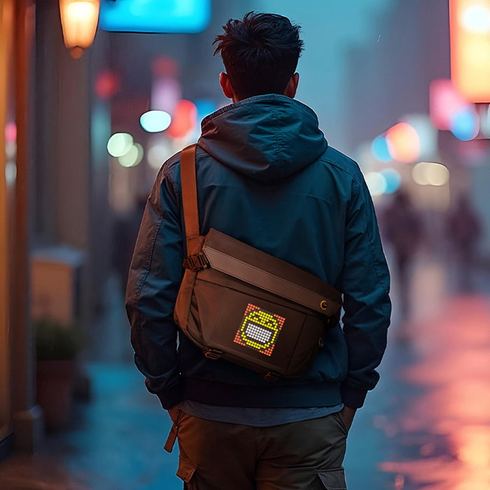 Divoom Sling Bag-V Pixel Art LED Sling Bag, a person wearing the bag crossbody with a glowing pixel smiley face display, smartphone app controlled, city night outing decor