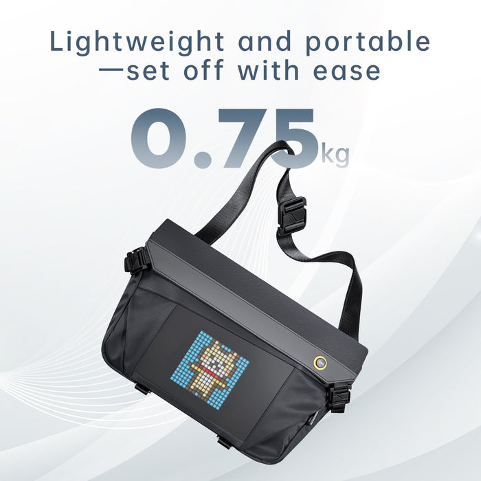 Divoom Sling Bag-V Pixel Art LED Sling Bag, a black crossbody bag with blue pixel character display and lightweight 0.75 kg graphic, smartphone app controlled, travel decor