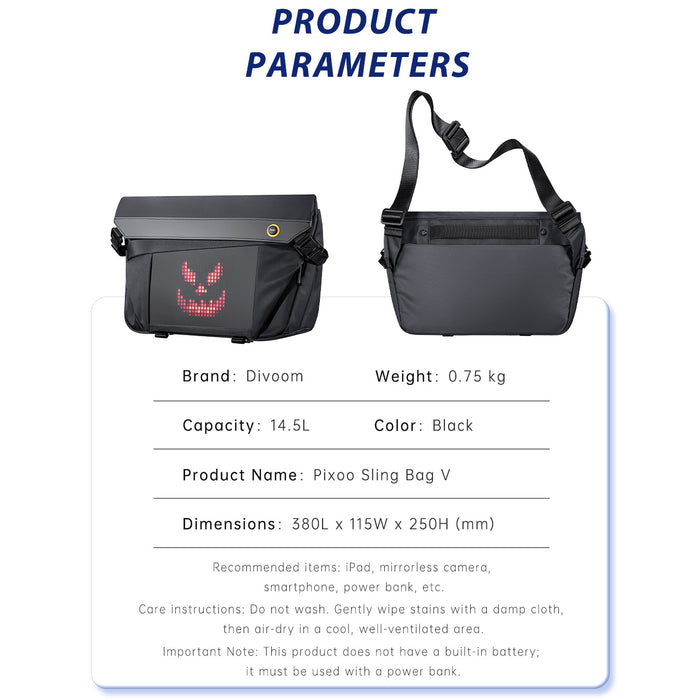 Divoom Sling Bag-V Pixel Art LED Sling Bag, front and back views of a black sling bag with a red pixel grin display, smartphone app controlled, everyday commute decor