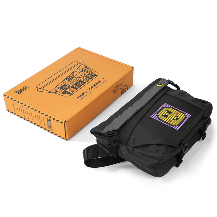 Divoom Sling Bag-V Pixel Art LED Sling Bag, a black sling bag with a yellow pixel smiley on a purple LED panel beside its orange box, smartphone app controlled, everyday carry decor