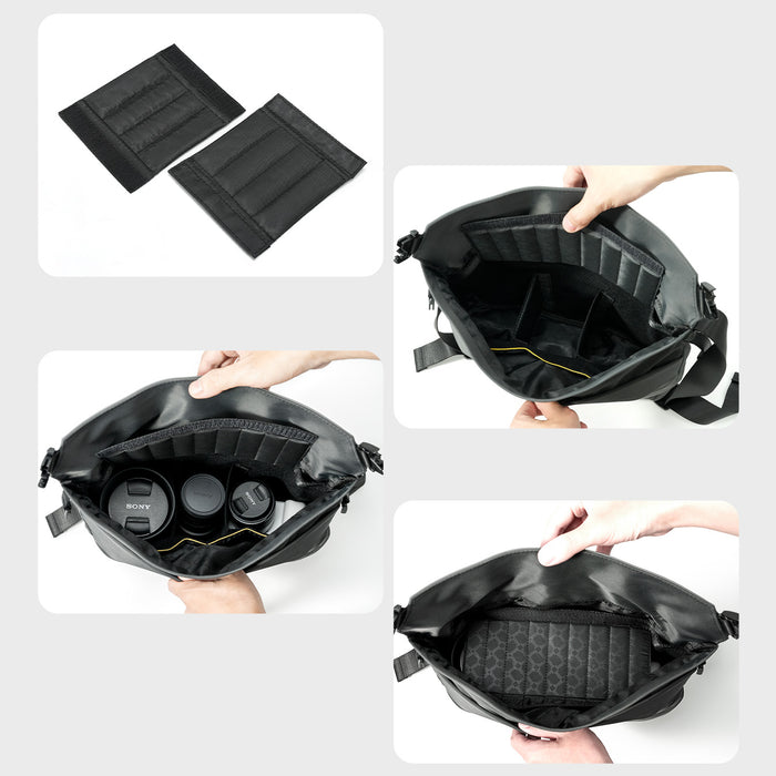 Divoom Sling Bag-V Pixel Art LED Sling Bag, removable padded dividers and a spacious black interior holding camera lenses, smartphone app controlled, travel gear organizer decor