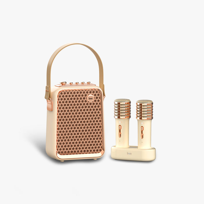 Divoom Songbird-HQ Portable Karaoke Bluetooth Speaker | Home KTV sound set, cream speaker with rose gold grille, carry strap, two wireless mics and charging dock, home karaoke party decor