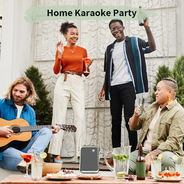 Divoom Songbird-HQ Portable Karaoke Bluetooth Speaker | Home KTV sound set, green retro-style speaker and matching mic at an outdoor party with friends, karaoke audio, patio gathering decor