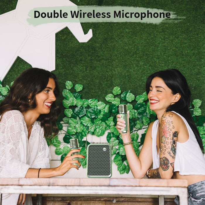 Divoom Songbird-HQ Portable Karaoke Bluetooth Speaker | Home KTV sound set, two women singing with dual green wireless microphones and matching speaker, Bluetooth audio, home karaoke party decor