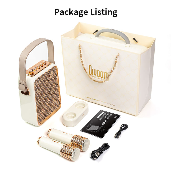 Divoom Songbird-HQ Portable Karaoke Bluetooth Speaker | Home KTV sound set, cream and rose gold speaker package with two microphones, charging dock, cables, manual, gift bag, Bluetooth audio for home karaoke party decor