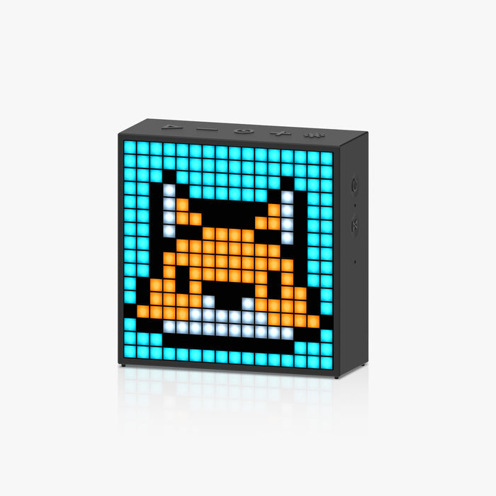 Divoom Timebox-Evo Pixel Art Speaker 16x16 DIY LED Display Alarm Clock Box, a pixel cat face on a blue grid display, audio speaker, bedside shelf decor
