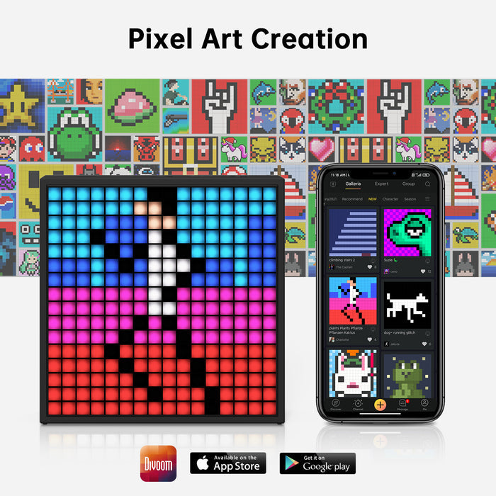 Divoom Timebox-Evo Pixel Art Speaker 16x16 DIY LED Display Alarm Clock Box, a dancer pixel art display beside a pixel gallery app, audio speaker, gaming room decor