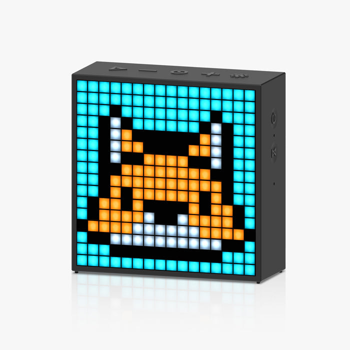 Divoom Timebox-Evo Pixel Art Speaker 16x16 DIY LED Display Alarm Clock Box, an orange pixel cat on a blue background, audio speaker for bedside gaming room decor