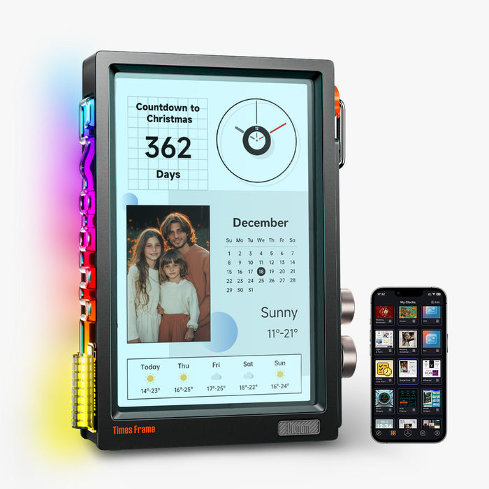 Times Frame Floating Smart Desk Display, black vertical screen with Christmas countdown, analog clock, family photo, December calendar and forecast beside app, smartphone app controlled, home office desk decor