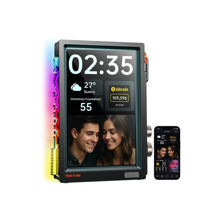 Times Frame｜Floating Smart Desk Display, black floating screen with time, weather, bitcoin widget and couple photo, smartphone app controlled, modern home office desk decor